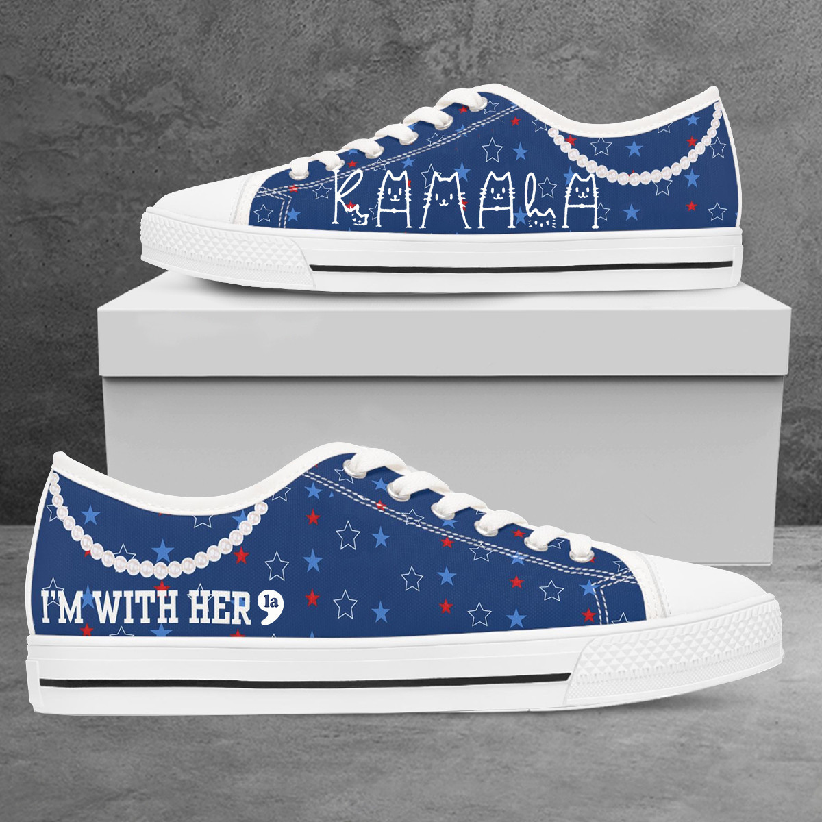 Comma La Harris Walz 2024 Pearls Shoes Kamala Harris I'm With Her Cute Line Cats Low Top Shoes
