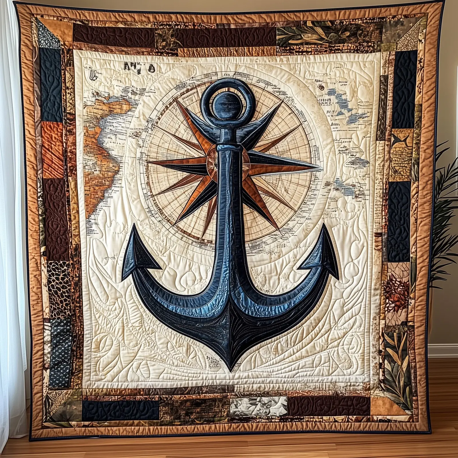 Compass and Anchor Quilted Blanket Navigation Maritime Gifts With Anchors On Them