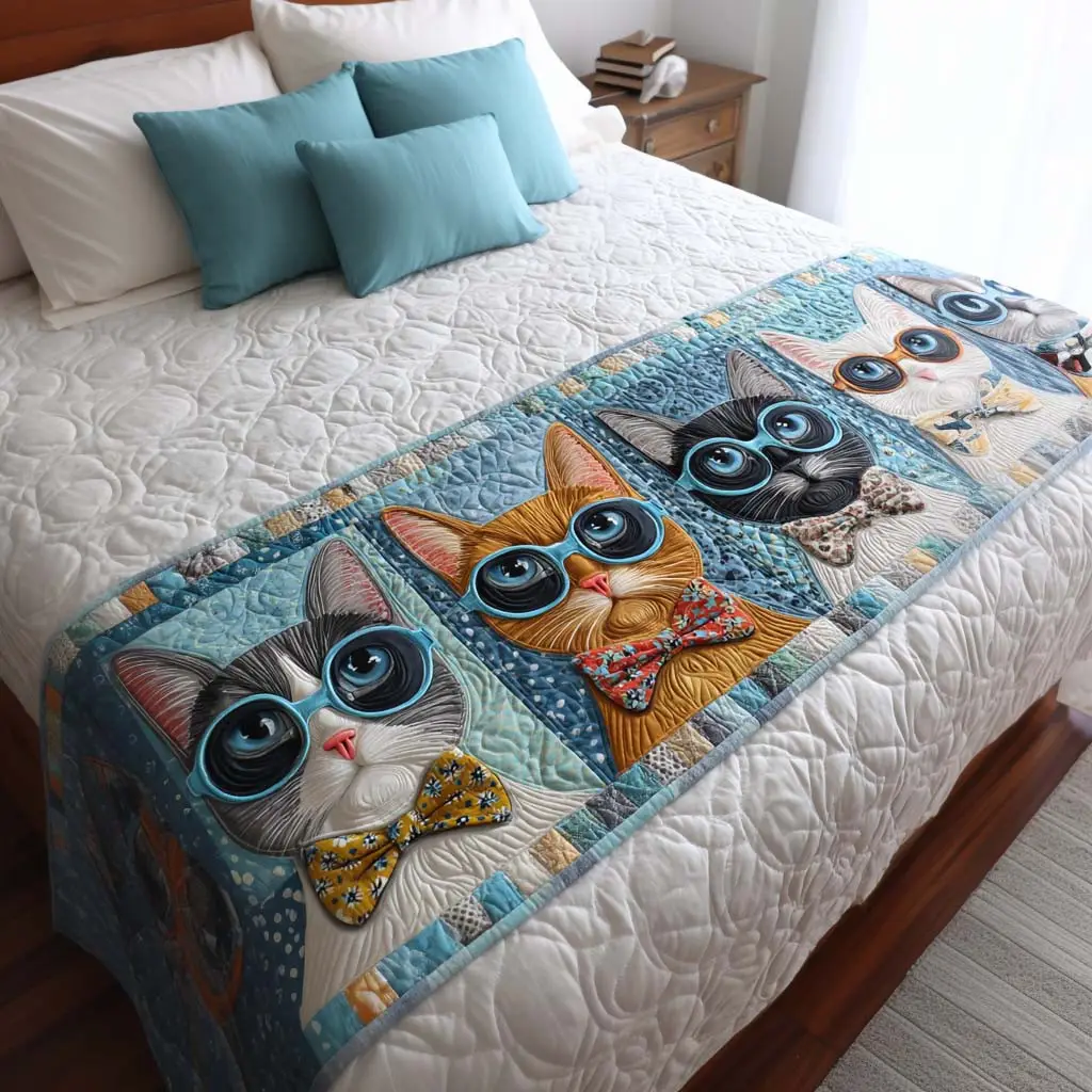 Cool Cats Quilted Bed Runner Stylish Cat Pattern Gift for Pet Lovers