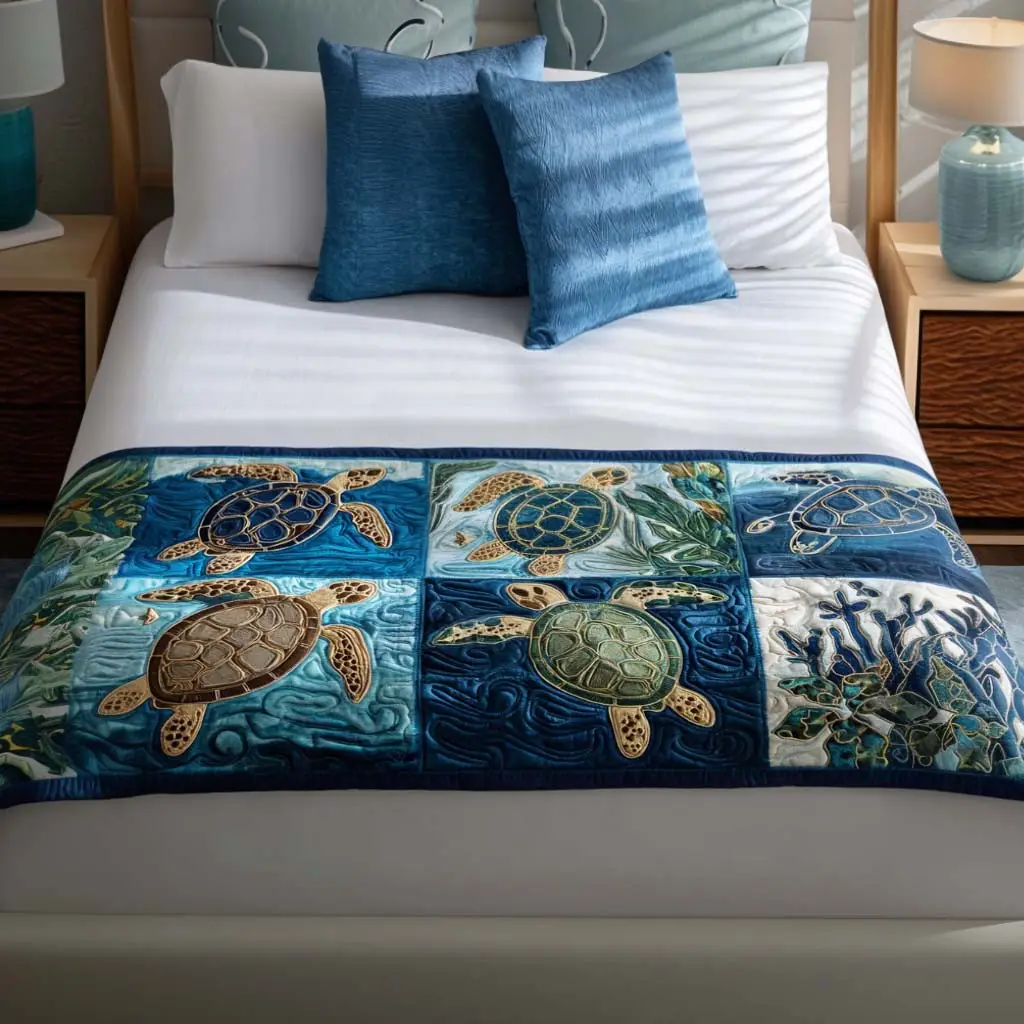 Coral Cove Turtle Quilted Bed Runner Coral Cove Turtle Summer Gift