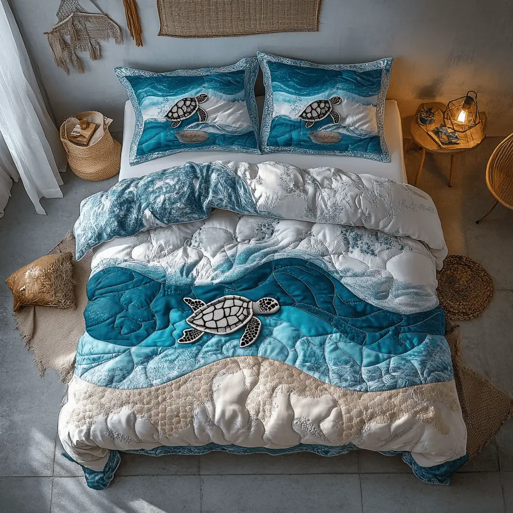Coral Cruiser Quilted Bedding Set Best Bedspread Set Sea Turtle Gift Ideas For Her