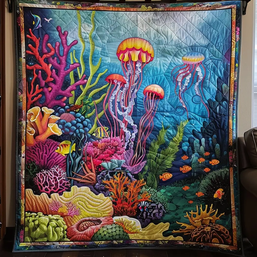Coral Reef Jellyfish Quilted Blanket Underwater Ocean Scene Throw Best Gift For Marine Life Lover Decor