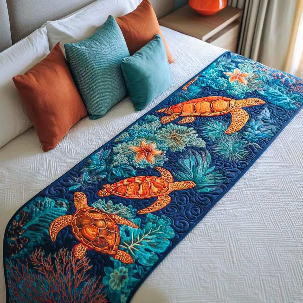 Coral Turtle Dance Quilted Bed Runner Coral Turtle Dance Reef Lover Gift