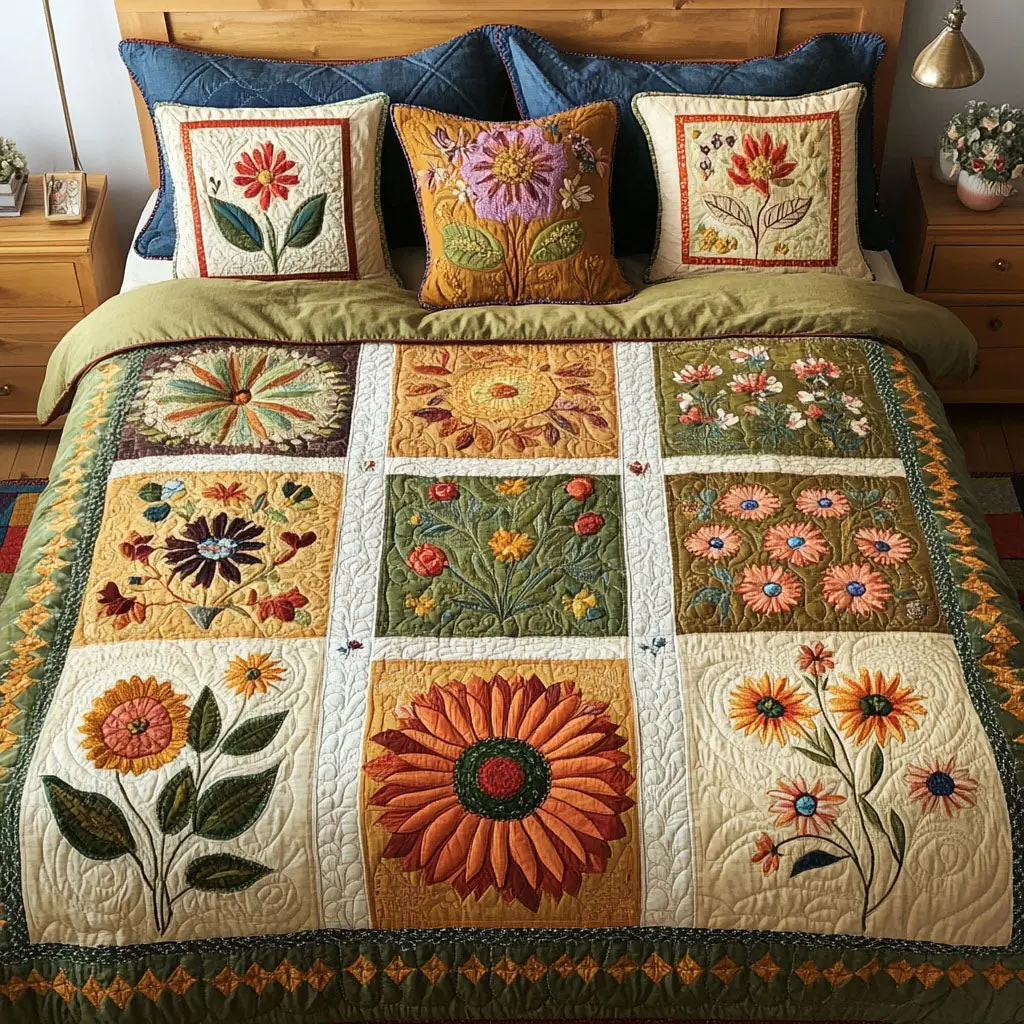 Cottage Flora Quilted Bedding Set Premium Duvet Cover Gift Set for Mom or Grandma