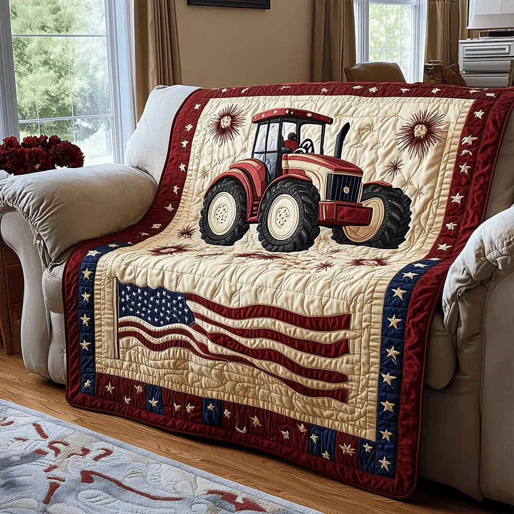 Country Pride Tractor Quilted Blanket USA Flag Pattern Unique Farmer Tractor Gifts For Him Country Pride Tractor Quilted Blanket USA Flag Pattern Unique Farmer Tractor Gifts For Him - Image 1