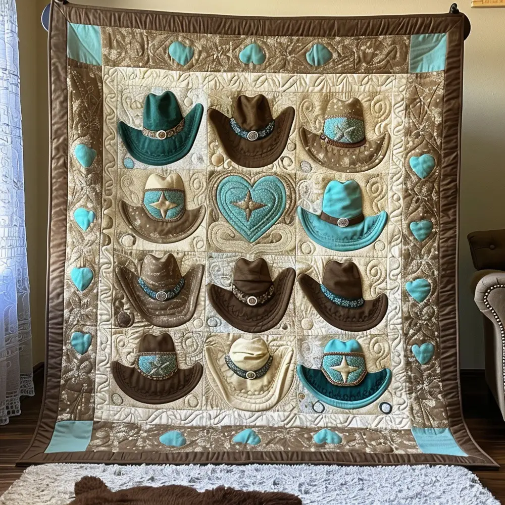Cowboy Hat Collection Quilted Blanket Western Country Style Patchwork Throw Best Gift For Cowboys Cowboy Hat Collection Quilted Blanket Western Country Style Patchwork Throw Best Gift For Cowboys - Image 1