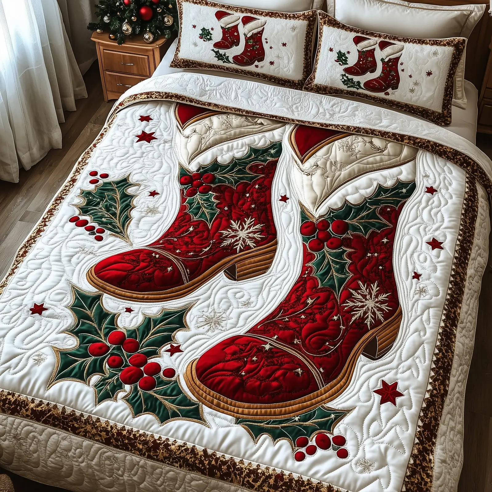 Cowboy Yuletide Christmas Quilted Bedding Set Duvet Cover Bedspread Winter Holidays Gifts For Cow Girl Lovers Cowboy Yuletide Christmas Quilted Bedding Set Duvet Cover Bedspread Winter Holidays Gifts For Cow Girl Lovers - Image 1
