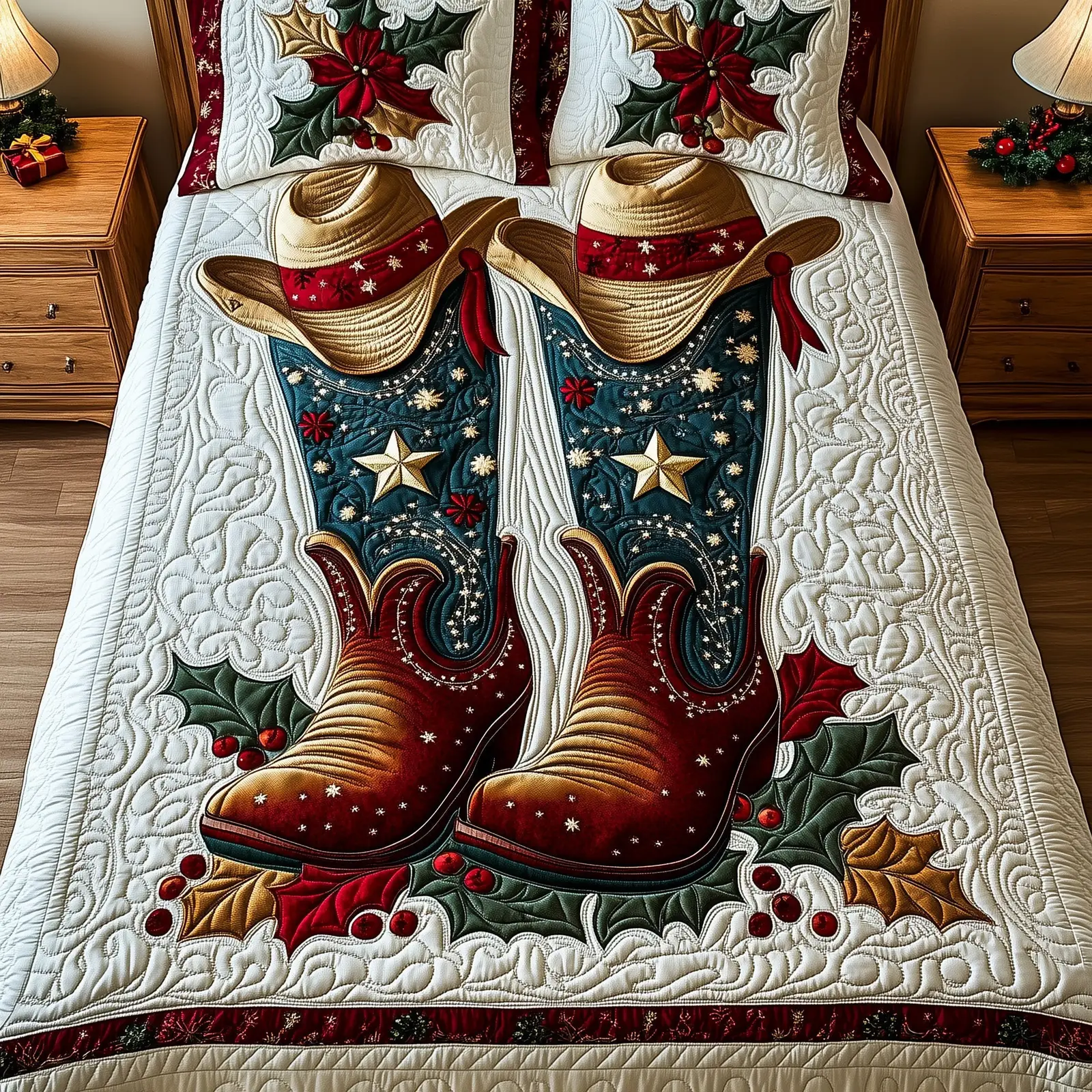 Cowboy Yuletide Christmas Quilted Bedding Set Duvet Cover Bedspread Xmas Gifts For Cowboy Lovers