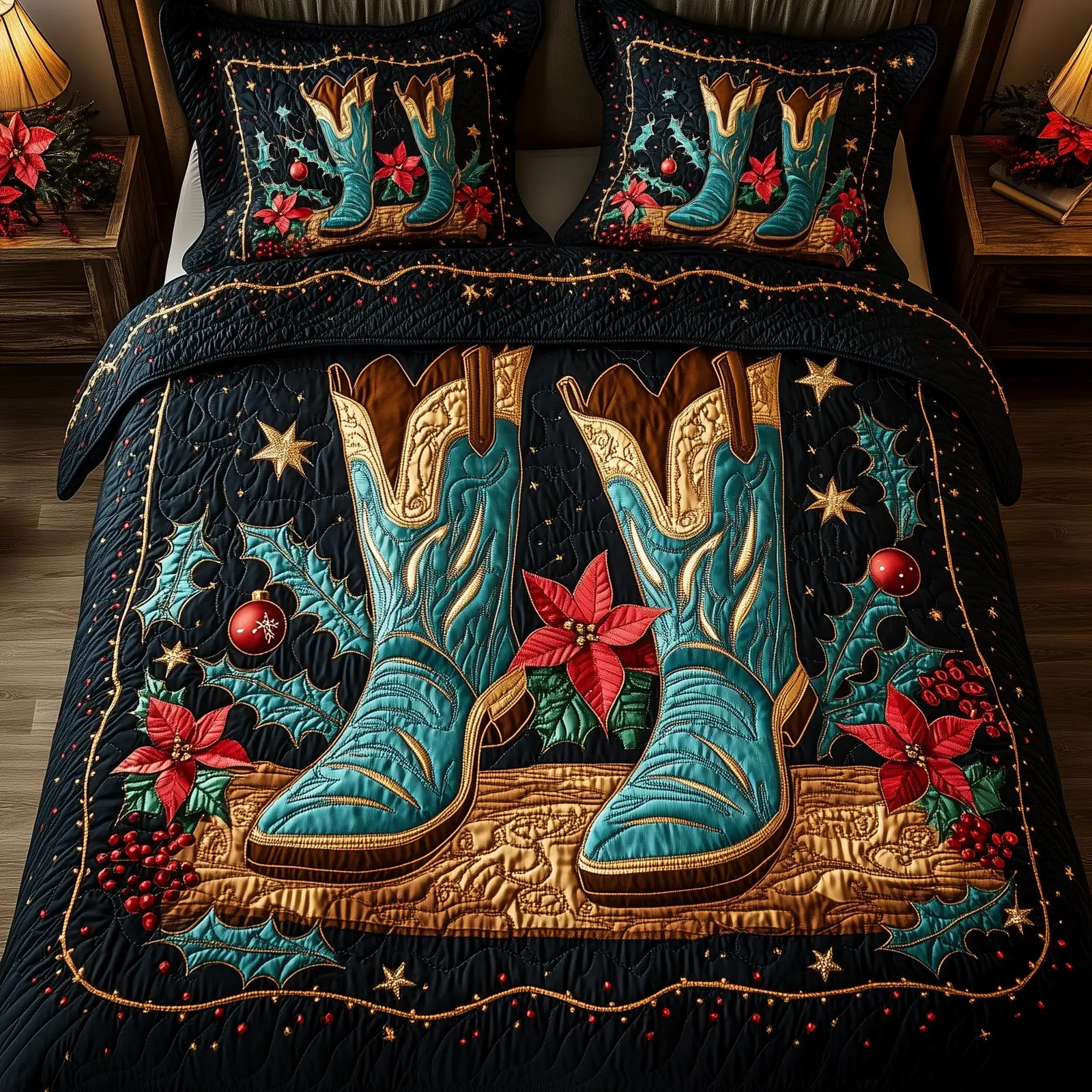 Cowboy Yuletide Quilted Bedding Set Duvet Cover Bedspread Winter Holidays Gift Ideas