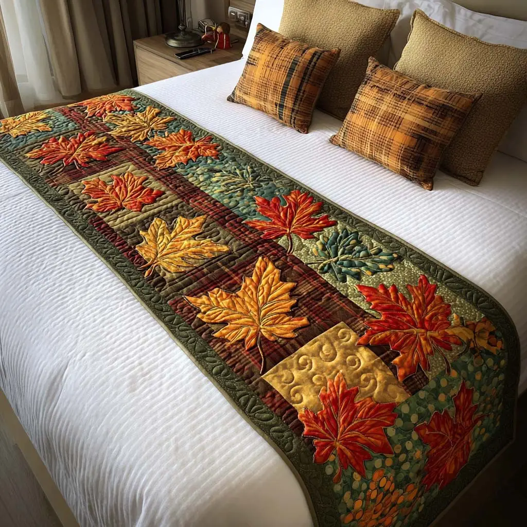 Cozy Autumn Trail Quilted Bed Runner Warm Autumn Trail Fall Gift for Mom