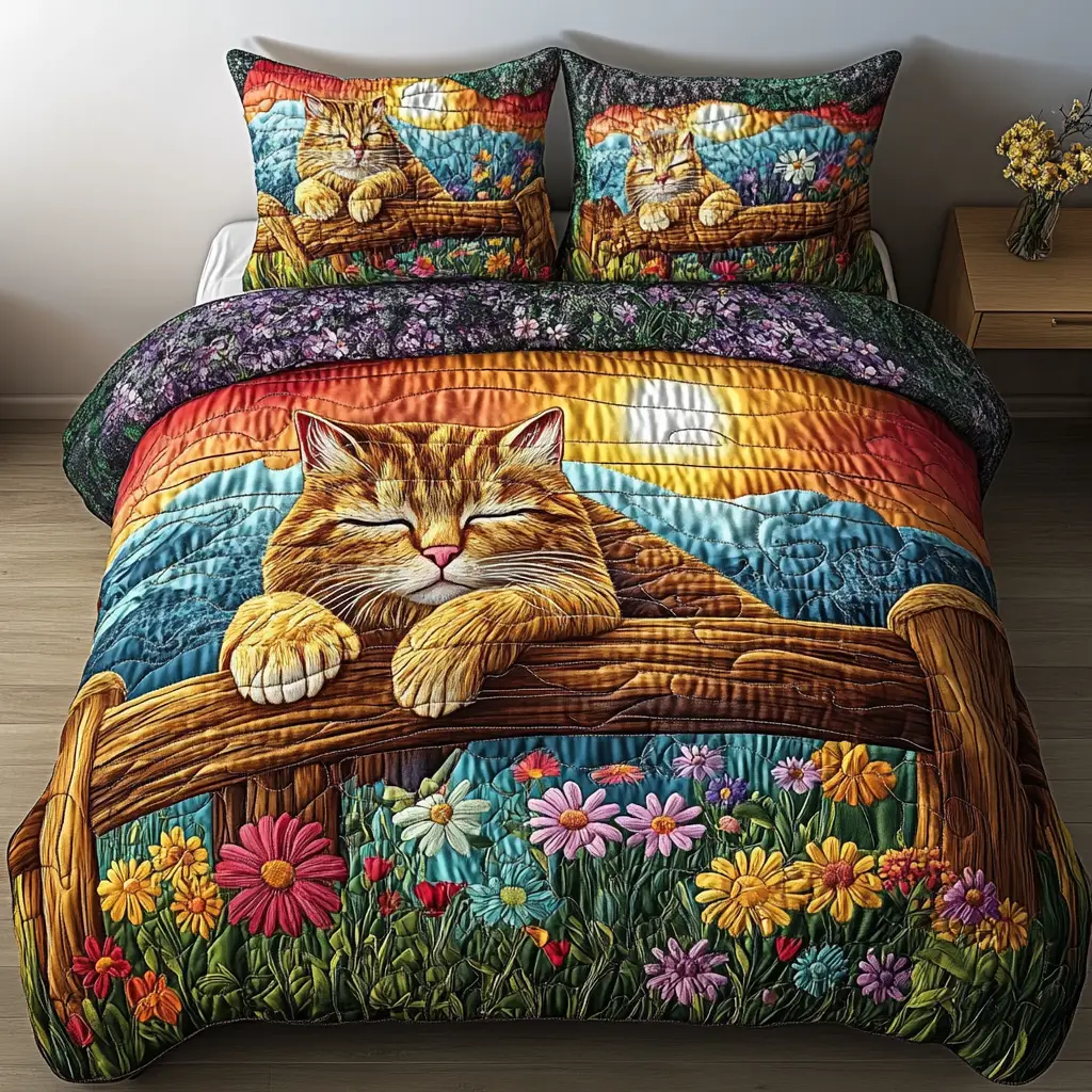 Cozy Catnap Meadow Quilted Bedding Set Lovely Bedroom Gift Idea for Housewarming