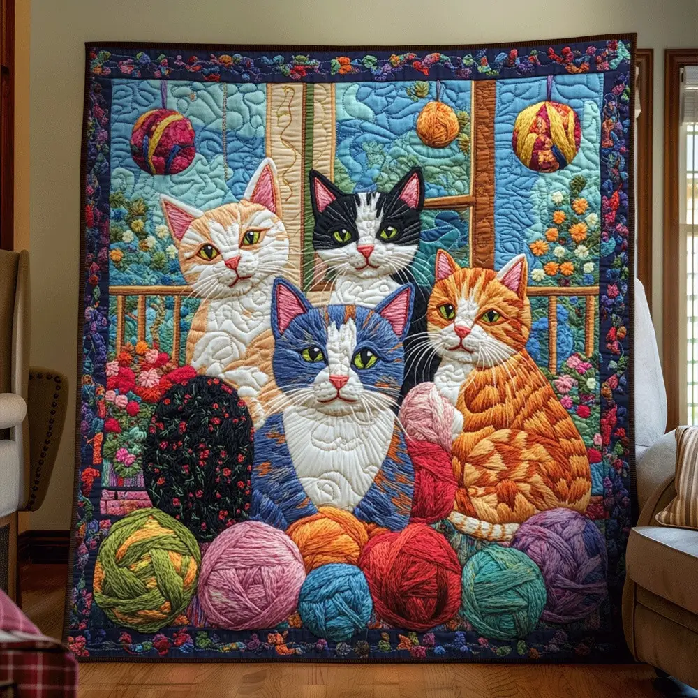 Cozy Cats Yarn Ball Quilted Blanket Feline Garden Art Throw Best Gift For Cat Lover Pet Owner Decor