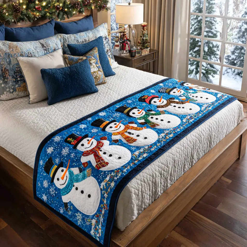 Cozy Frosty Gathering Quilted Bed Runner Frosty Gathering Scene Winter Home Gift