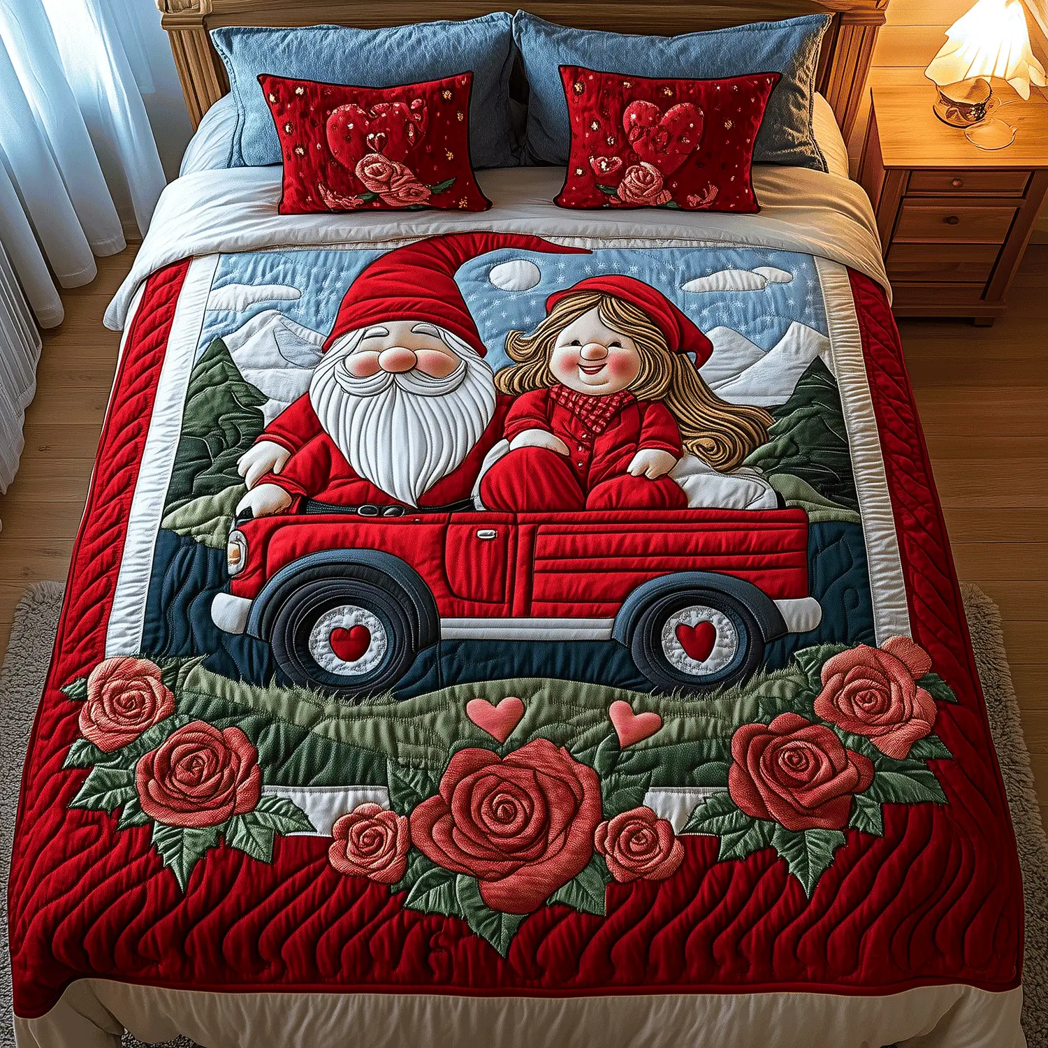 Cozy Gnome Road Quilted Bedding Set Cute Duvet Cover Valentine Day Giving Ideas For Couples