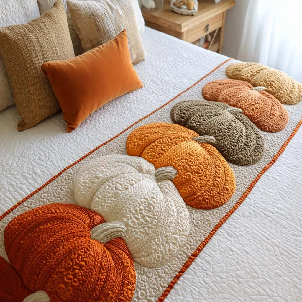 Cozy Knit Pumpkins Quilted Bed Runner Knit Pumpkin Style Fall Gift for Mom Cozy Knit Pumpkins Quilted Bed Runner Knit Pumpkin Style Fall Gift for Mom - Image 1