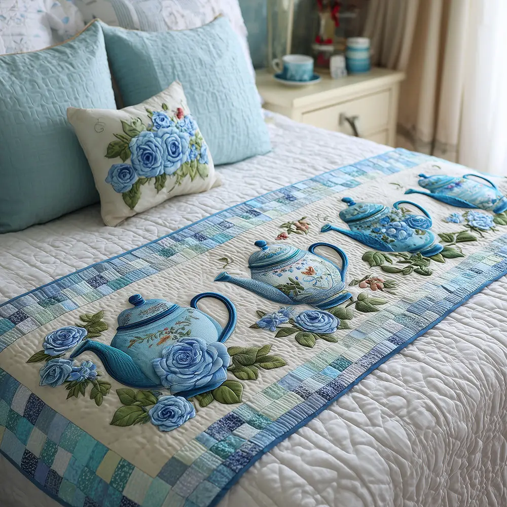 Cozy Morning Tea Quilted Bed Runner Cozy Tea Morning Gift for Tea Lovers
