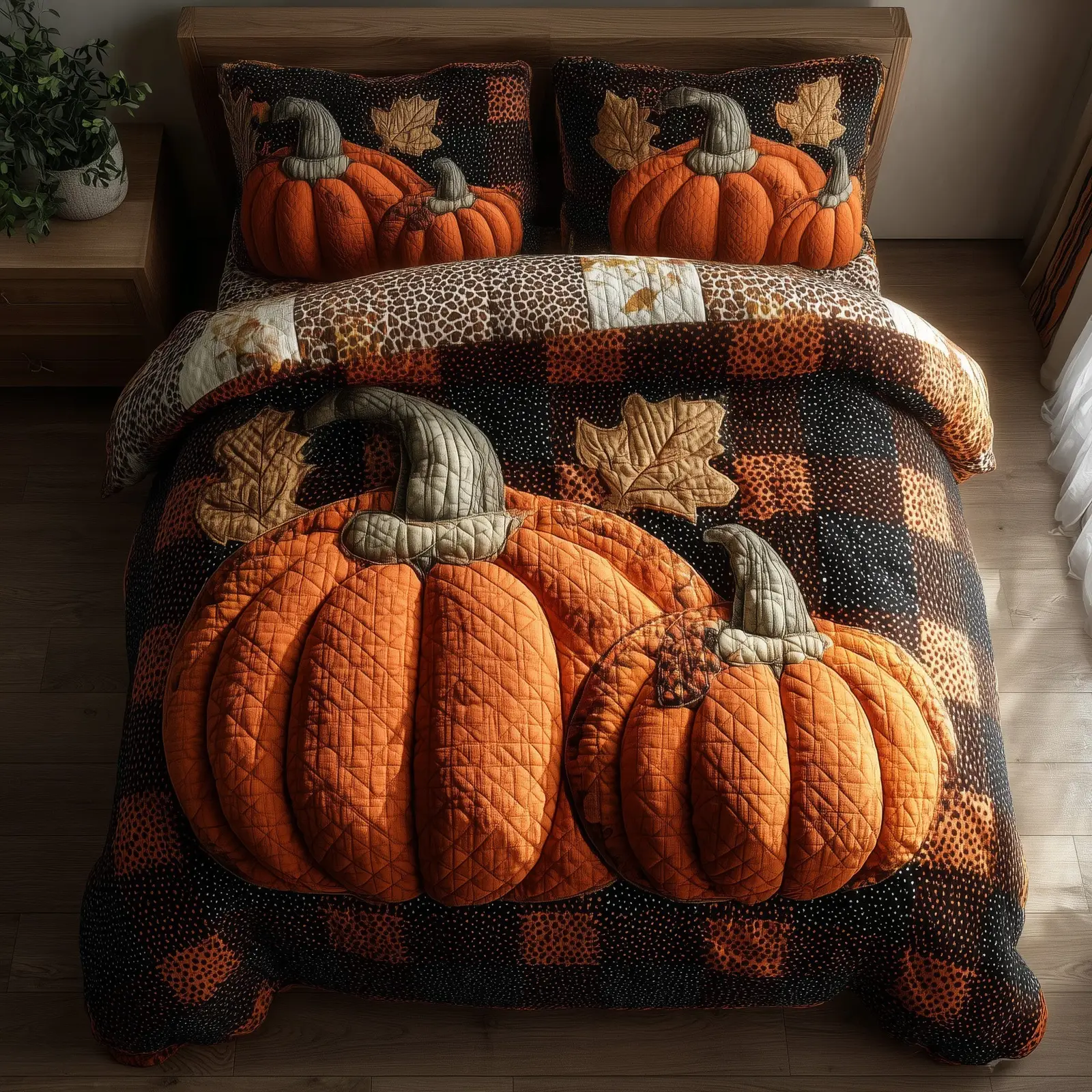 Cozy Pumpkin Quilted Bedding Set King Size Duvet Cover Fall Gift Items