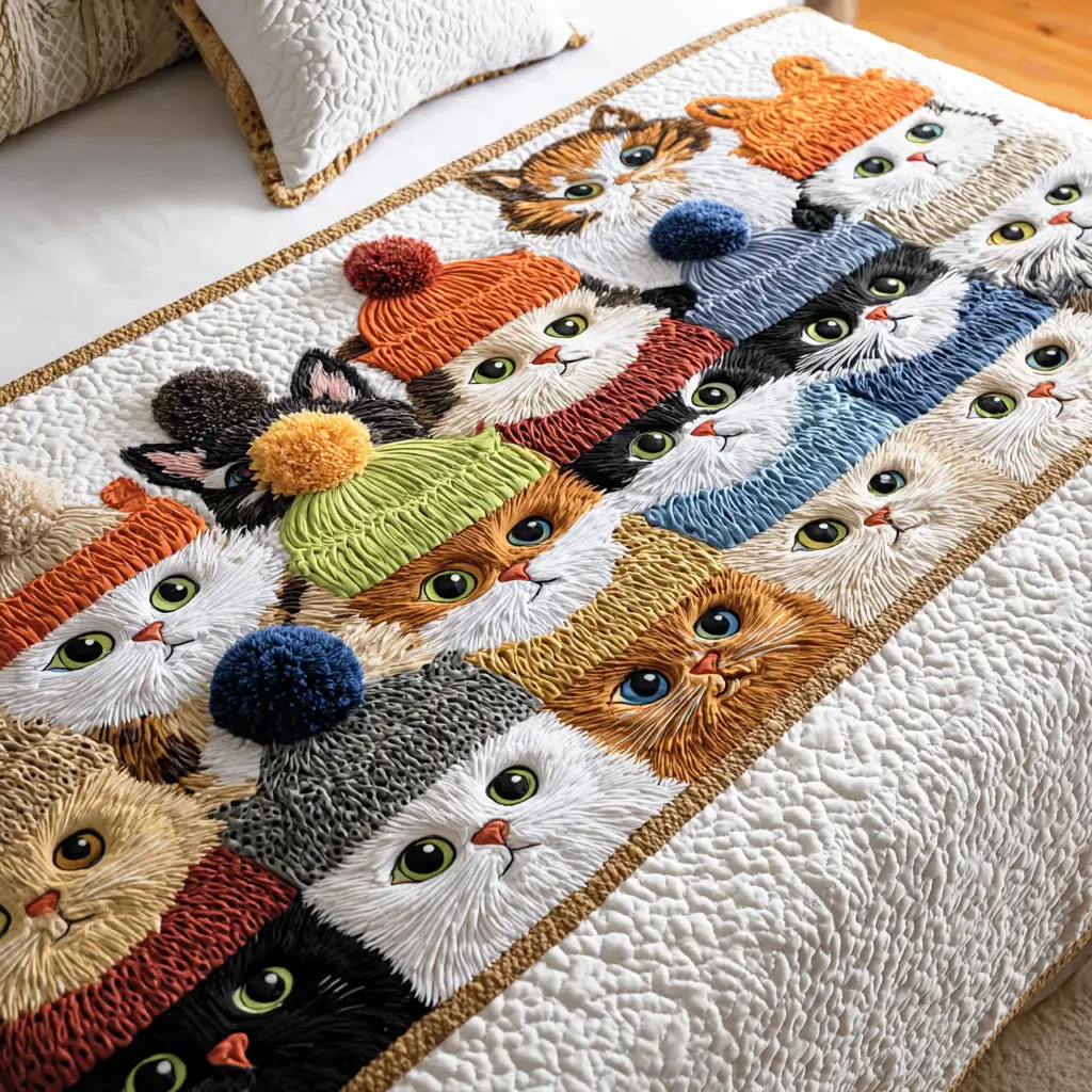 Cozy Purrland Quilted Bed Runner Cozy Purrland Theme Gift for Pet Lovers