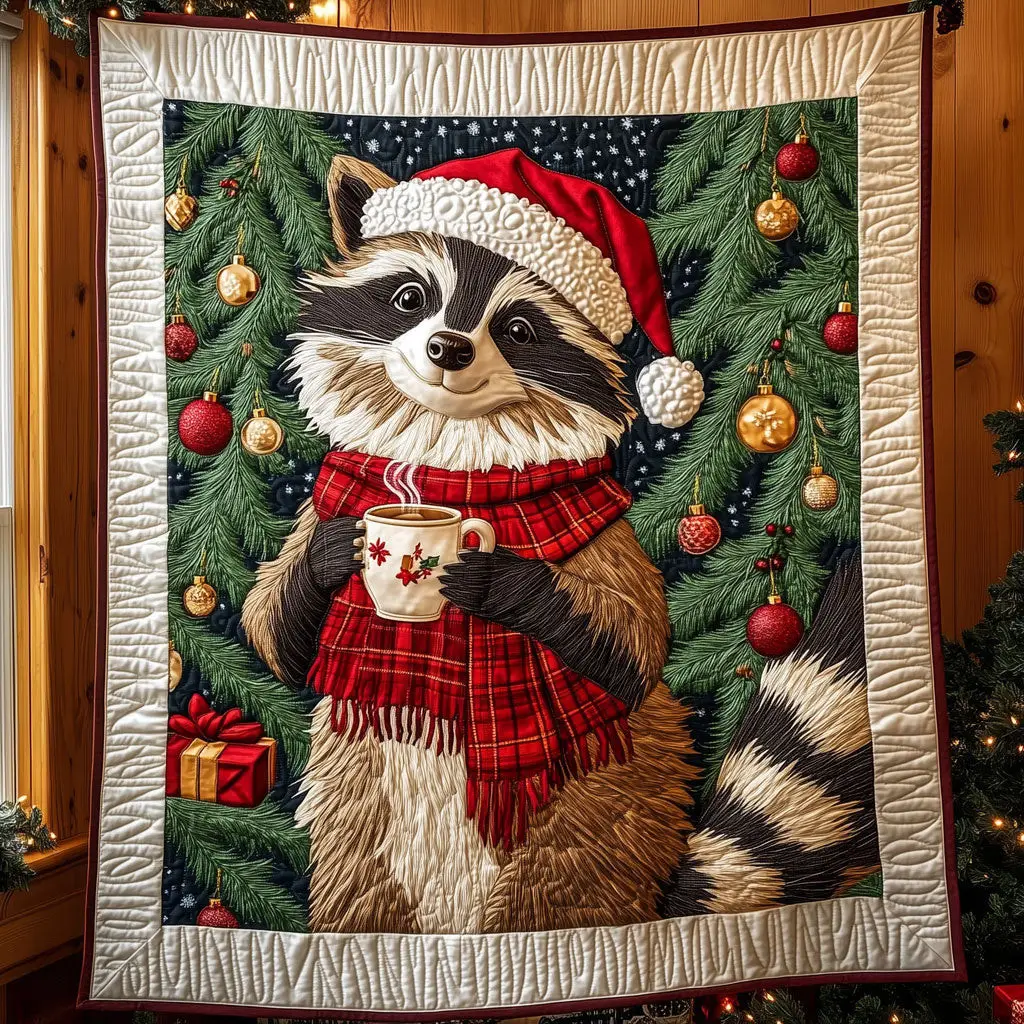 Cozy Racoon With A Festive Spirit Quilt Classic Quilt Blanket for Cozy and Warm Nights Cozy Racoon With A Festive Spirit Quilt Classic Quilt Blanket for Cozy and Warm Nights - Image 1