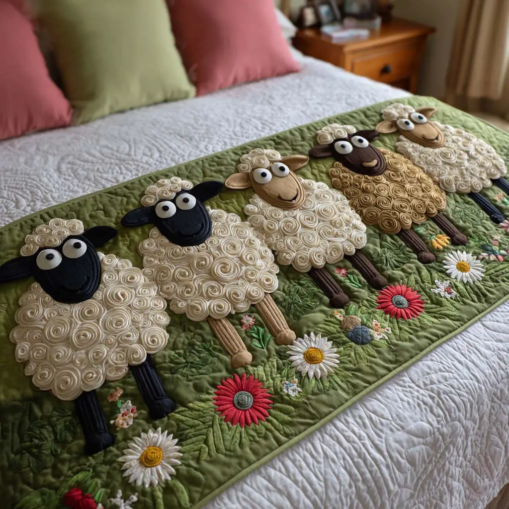 Cozy Sheep Quilted Bed Runner Cozy Sheep Illustration Faith-Themed Gift