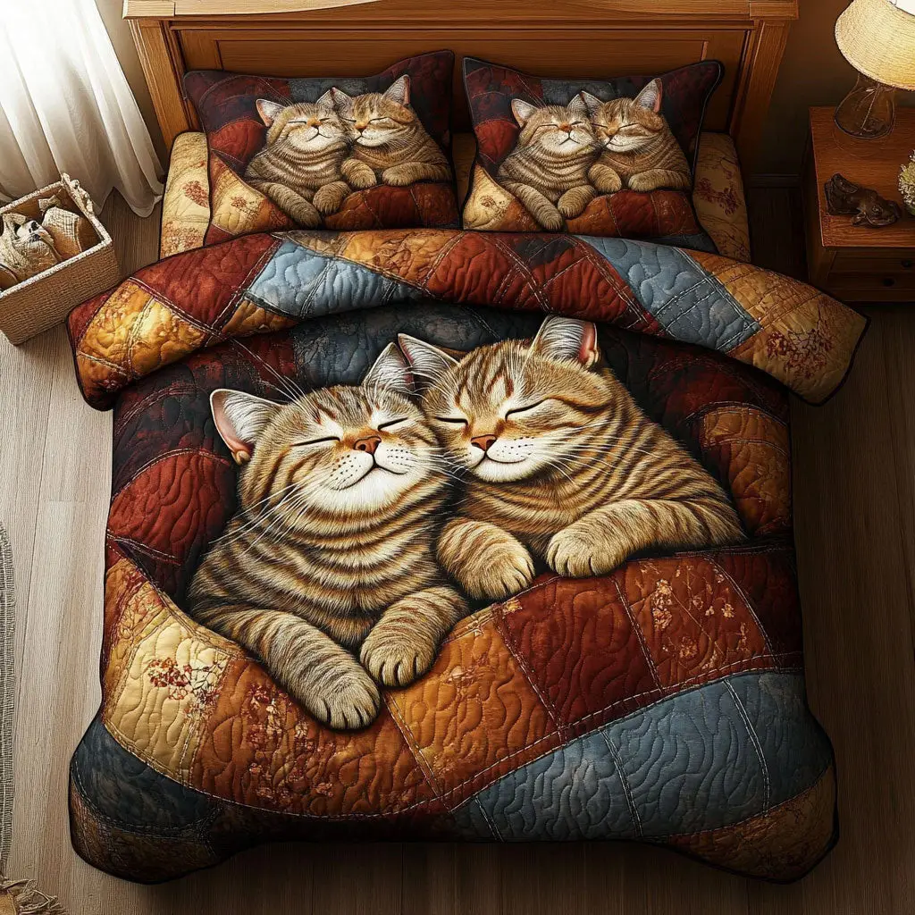 Cozzy Sleeping Cat Quilted Bedding Set Duvet Cover Bedspread Best Gifts For Women