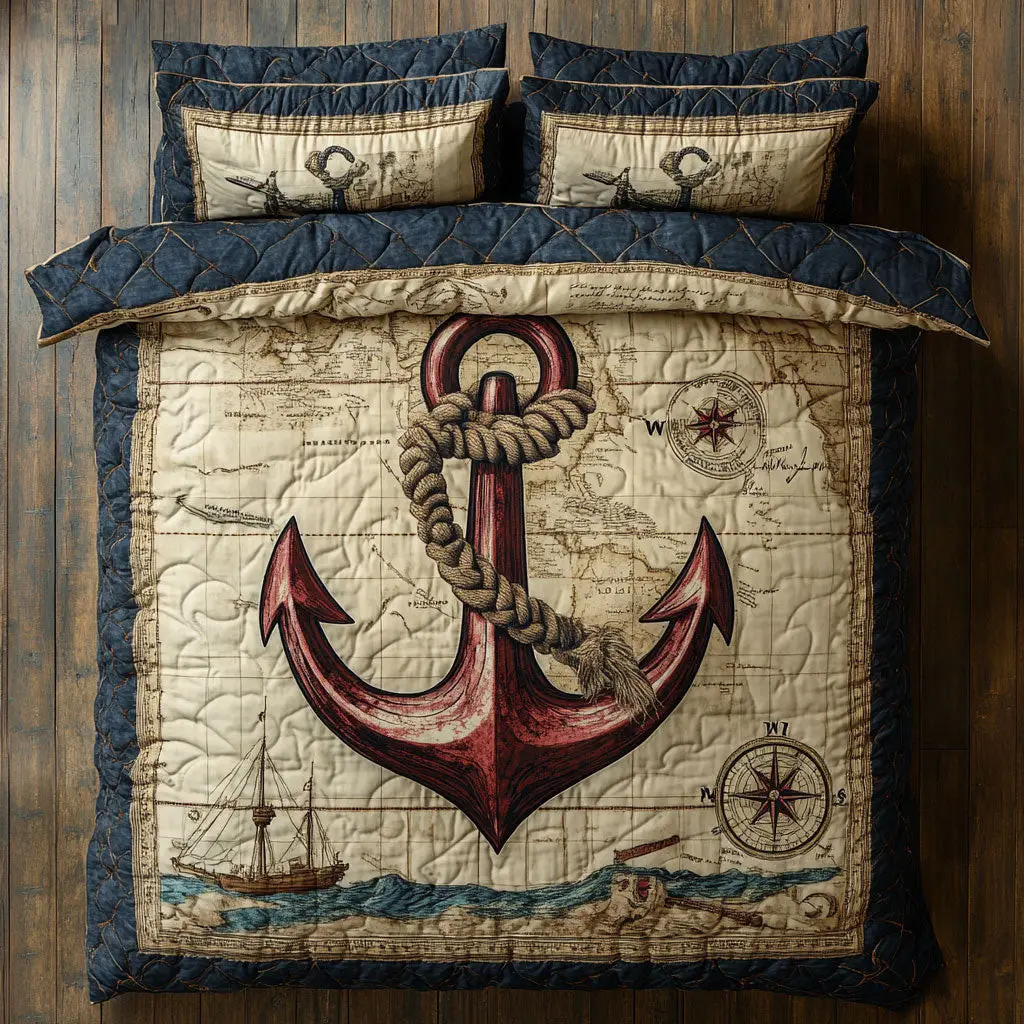 Crimson Anchor Quilted Bedding Set Duvet Cover Bedspread Xmas Present Ideas