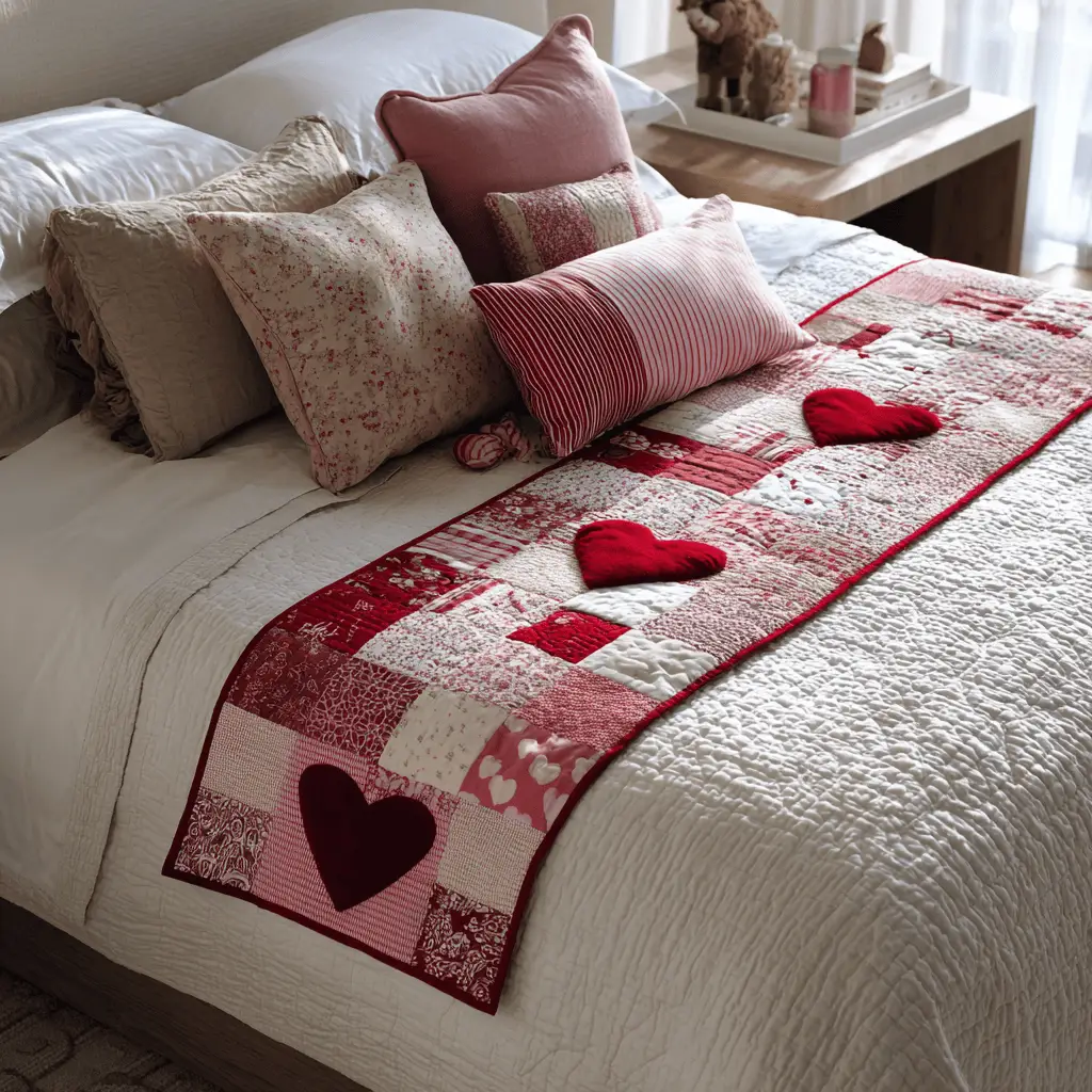 Crimson Heart Quilted Bed Runner Crimson Heart Romantic Home Gift