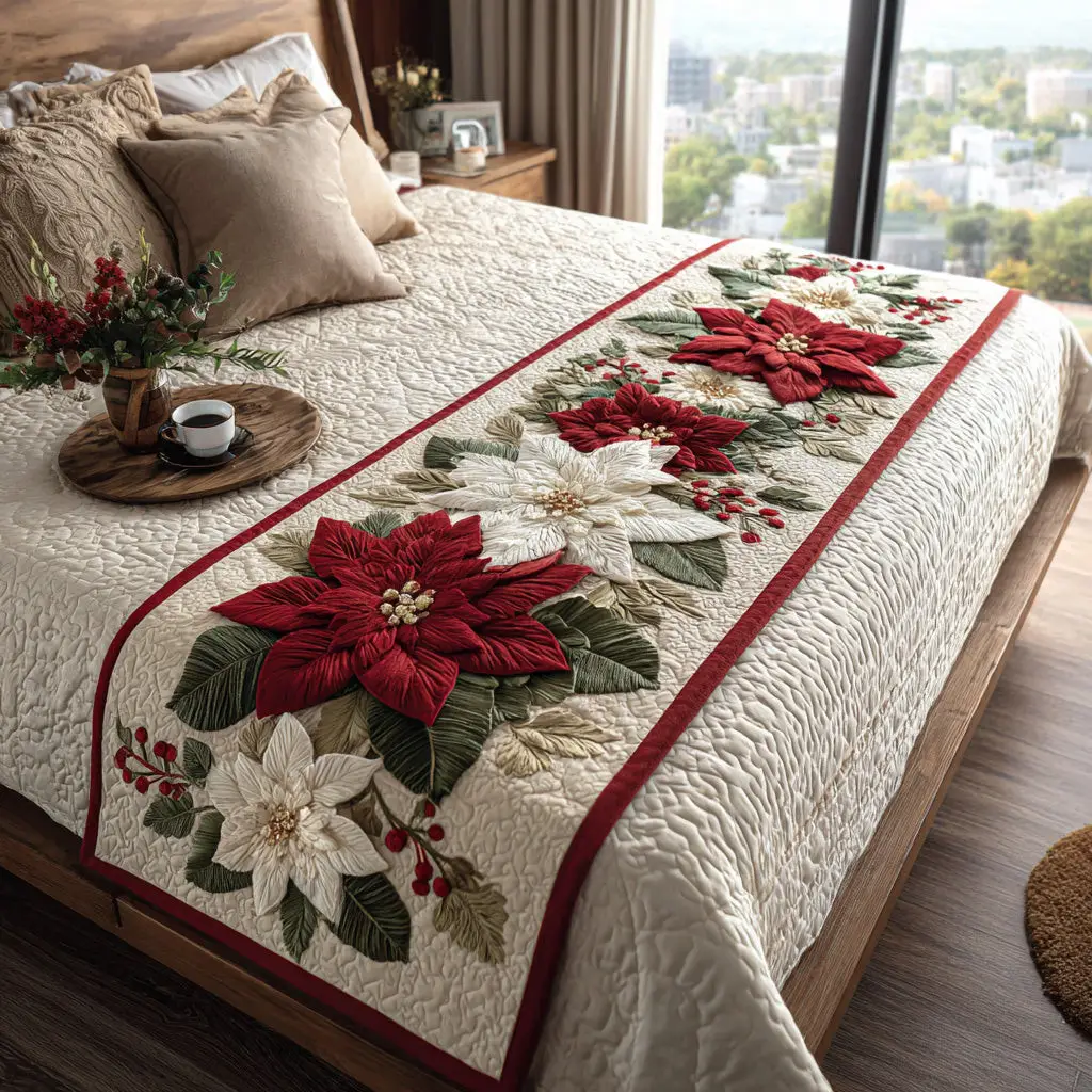 Crimson Joy Quilted Bed Runner Christmas Red Look Gift for Mom Crimson Joy Quilted Bed Runner Christmas Red Look Gift for Mom - Image 1