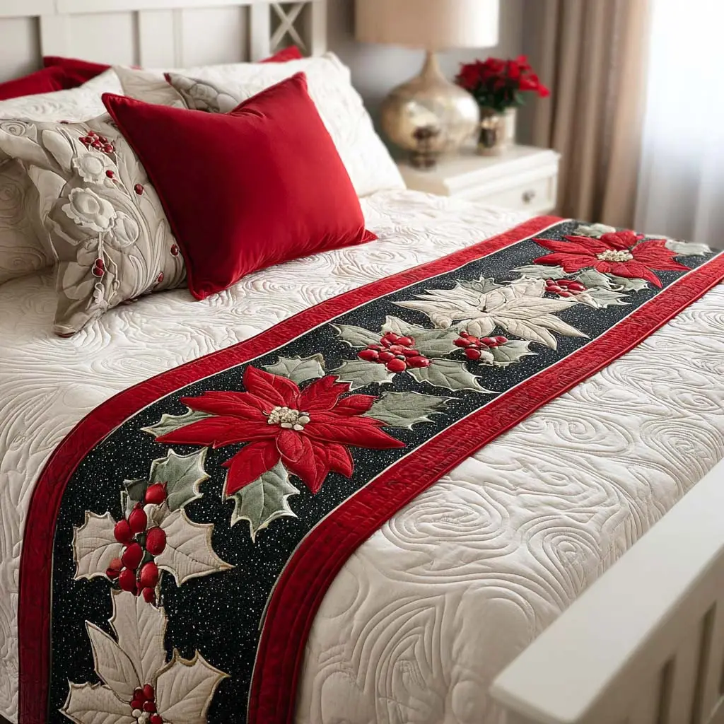 Crimson Petals Quilted Bed Runner Crimson Floral Petals Gift for Floral Lovers