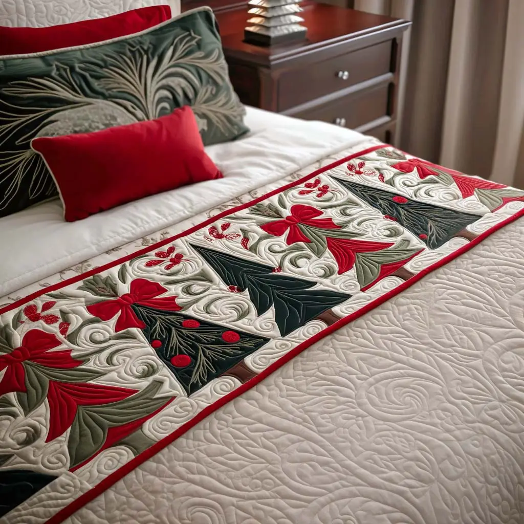 Crimson Ribbon Glow Quilted Bed Runner Crimson Ribbon Glow Festive Gift