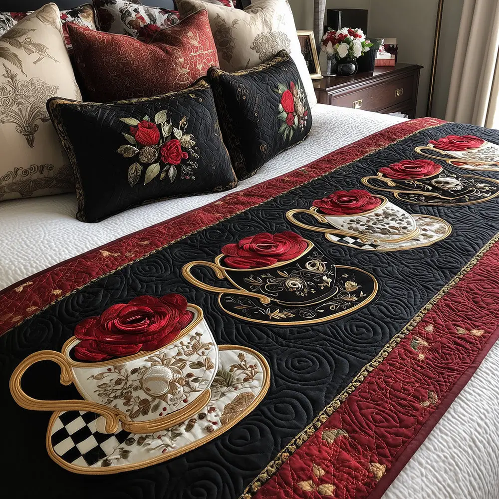 Crimson Teacup Bloom Quilted Bed Runner Crimson Teacup Bloom Floral Gift