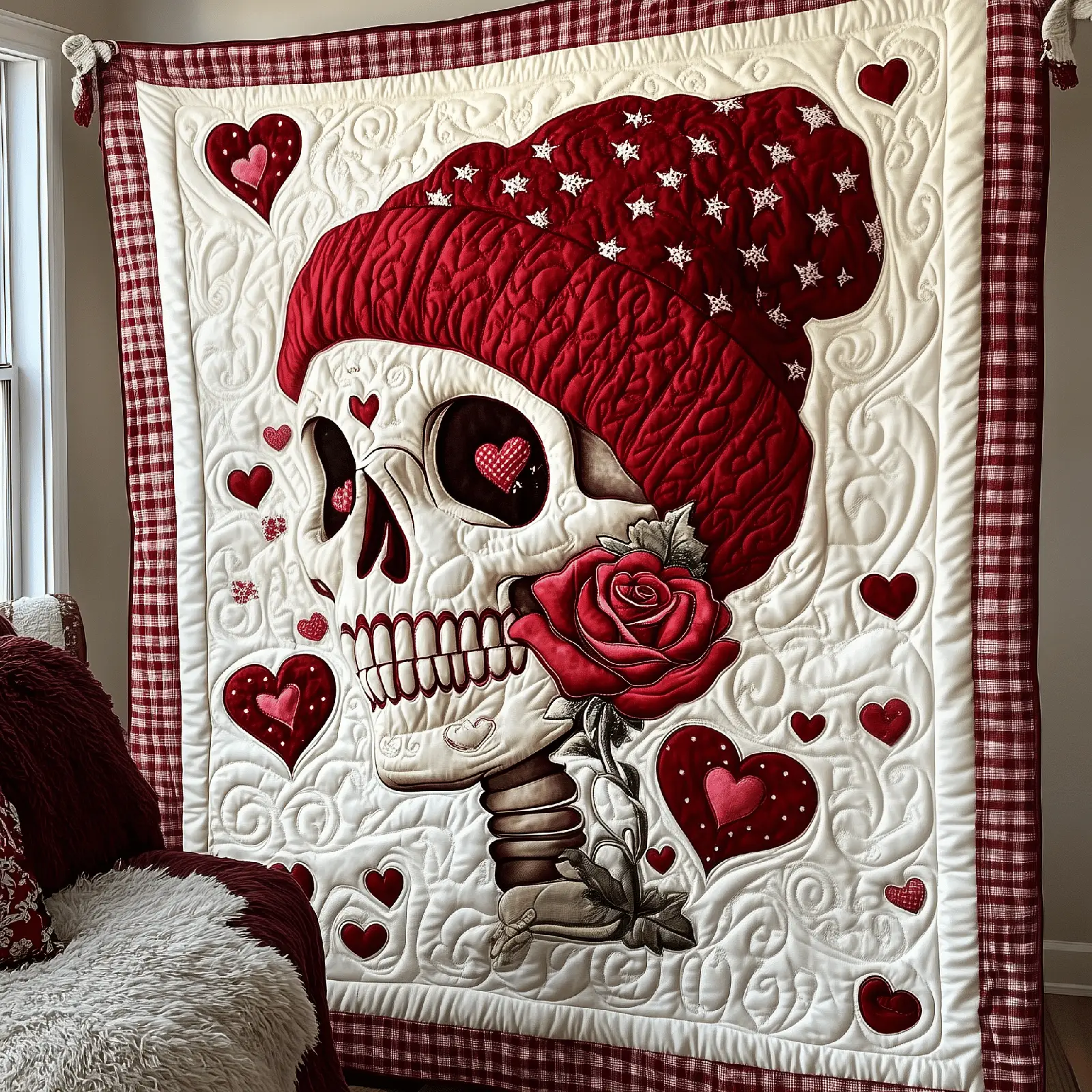 Crimson Valentine Skull Quilted Blanket Bedroom Decorations Valentine's Day Gifts For Her
