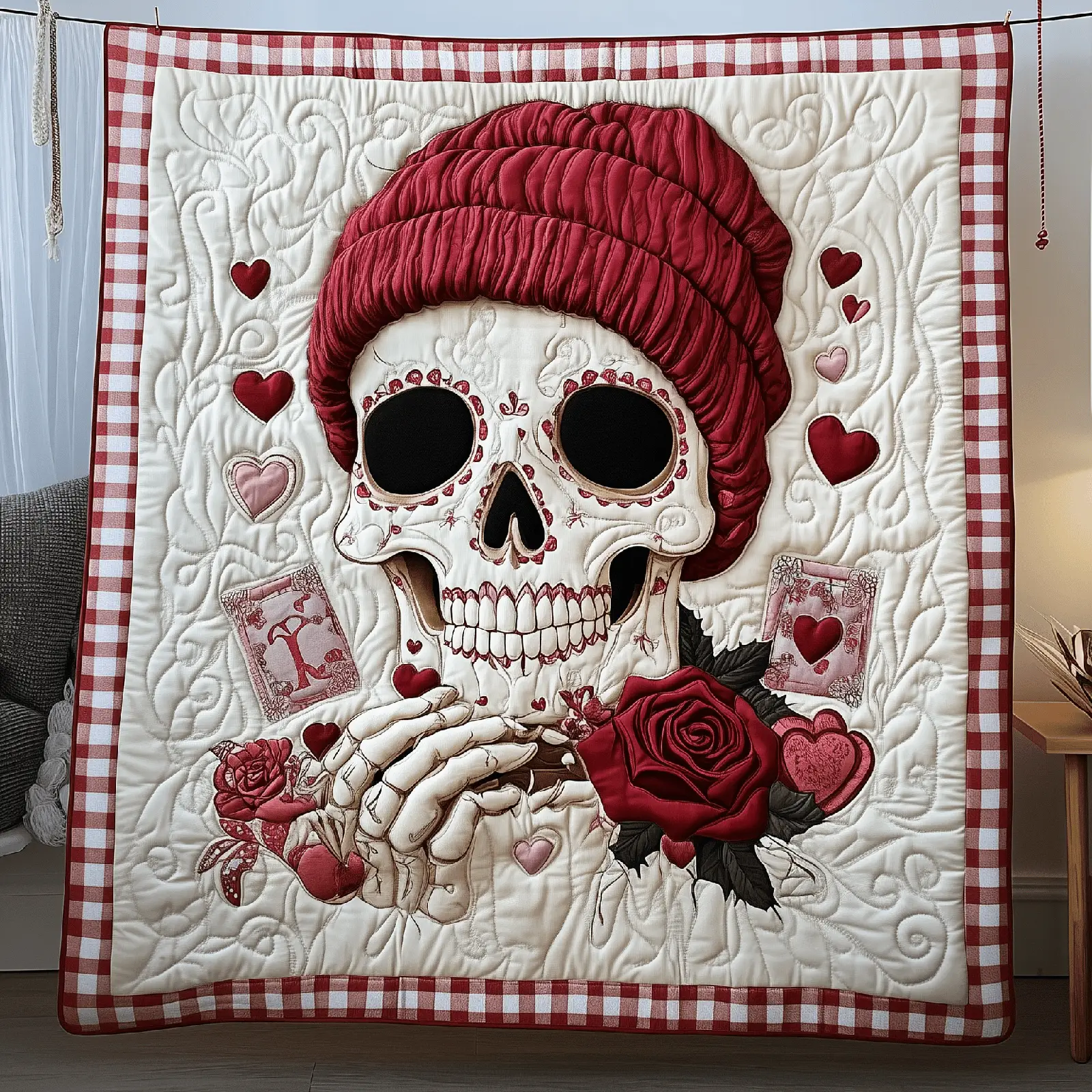 Crimson Valentine Skull Quilted Blanket Flower Graphic Room Accessories Skull Lover Presents