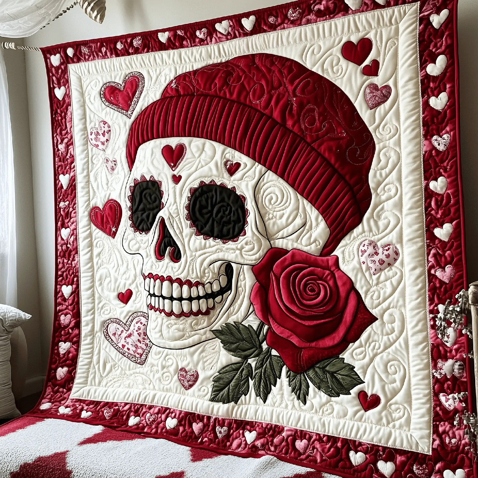 Crimson Valentine Skull Quilted Blanket Gothic Skull Design Holiday Home Decor Romantic Gifts