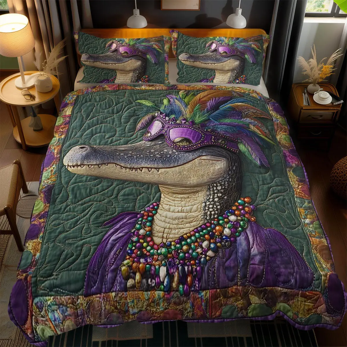 Crocodile In Feathers Quilted Bedding Set Holiday Duvet Cover Room Decor Gift For Mom