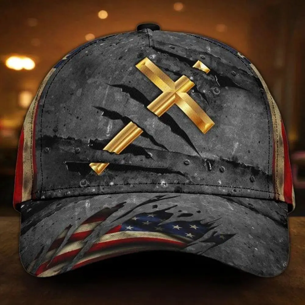 Cross Christian Hat 3D Vintage Unique USA Flag Cap Patriotic Christian Gift For Men