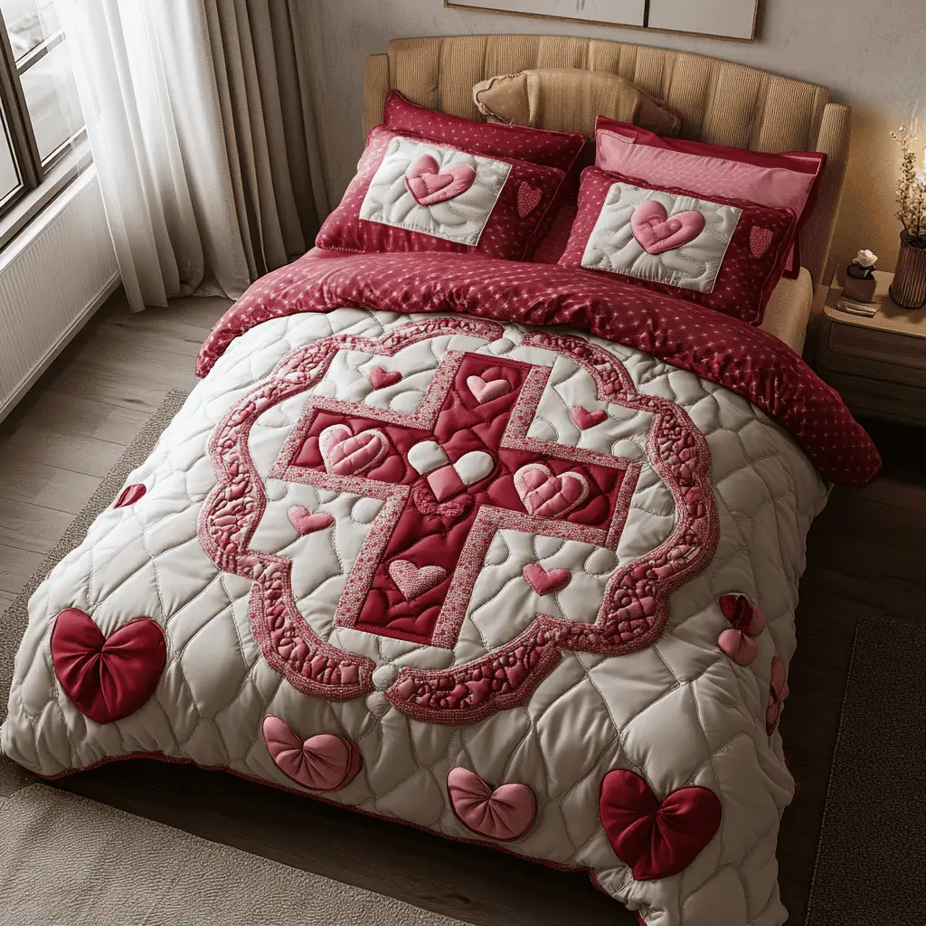 Cross Everlasting Hearts Quilted Bedding Set Faith Duvet Cover Valentine Gift For Christian