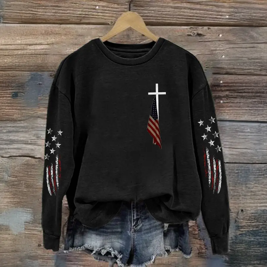 Cross Flag American Flag Sweatshirt Independence Day 2026 Apparel Present For Her