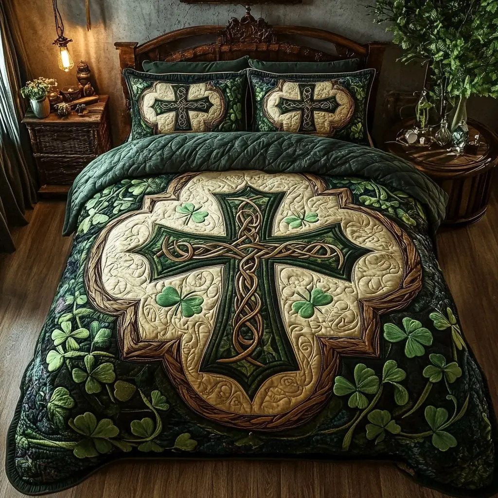 Cross In Shamrock Quilted Bedding Set Shamrock Duvet Cover St Patricks Day Gift Ideas