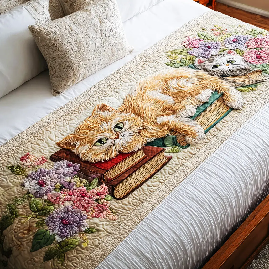 Curious Book Cat Quilted Bed Runner Curious Cat with Books Gift for Book Lovers
