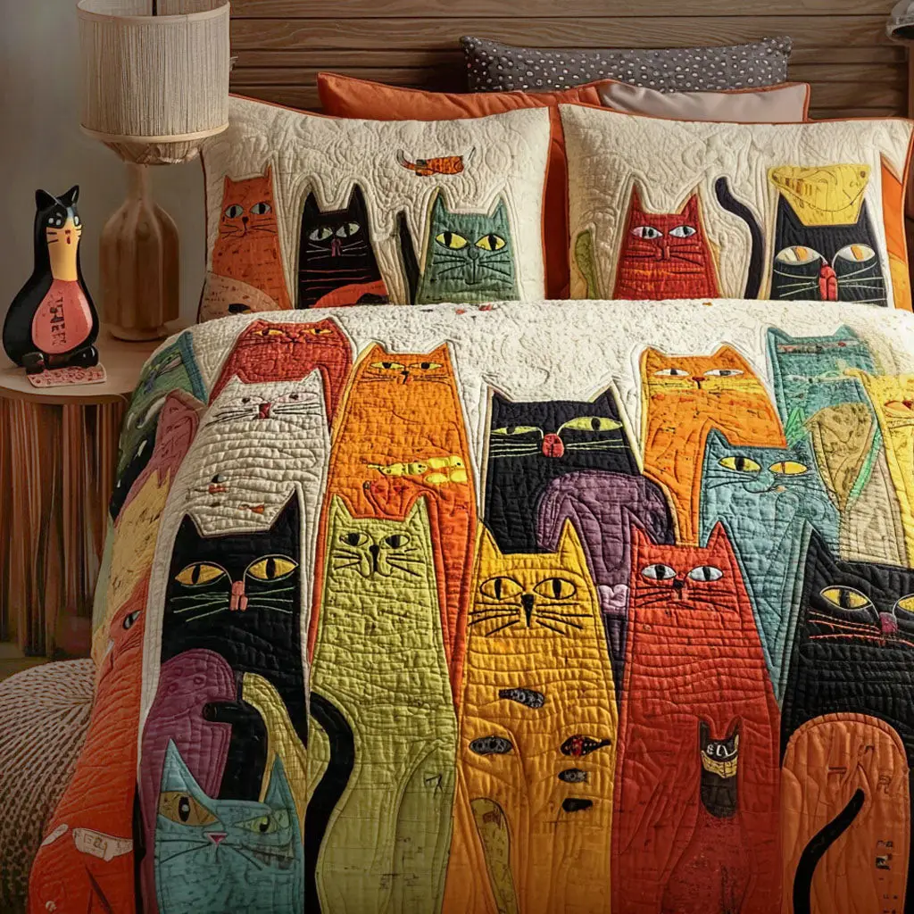 Curious Whiskers Quilted Bedding Set Heartwarming Bedding Gift for Loved Ones Curious Whiskers Quilted Bedding Set Heartwarming Bedding Gift for Loved Ones - Image 1