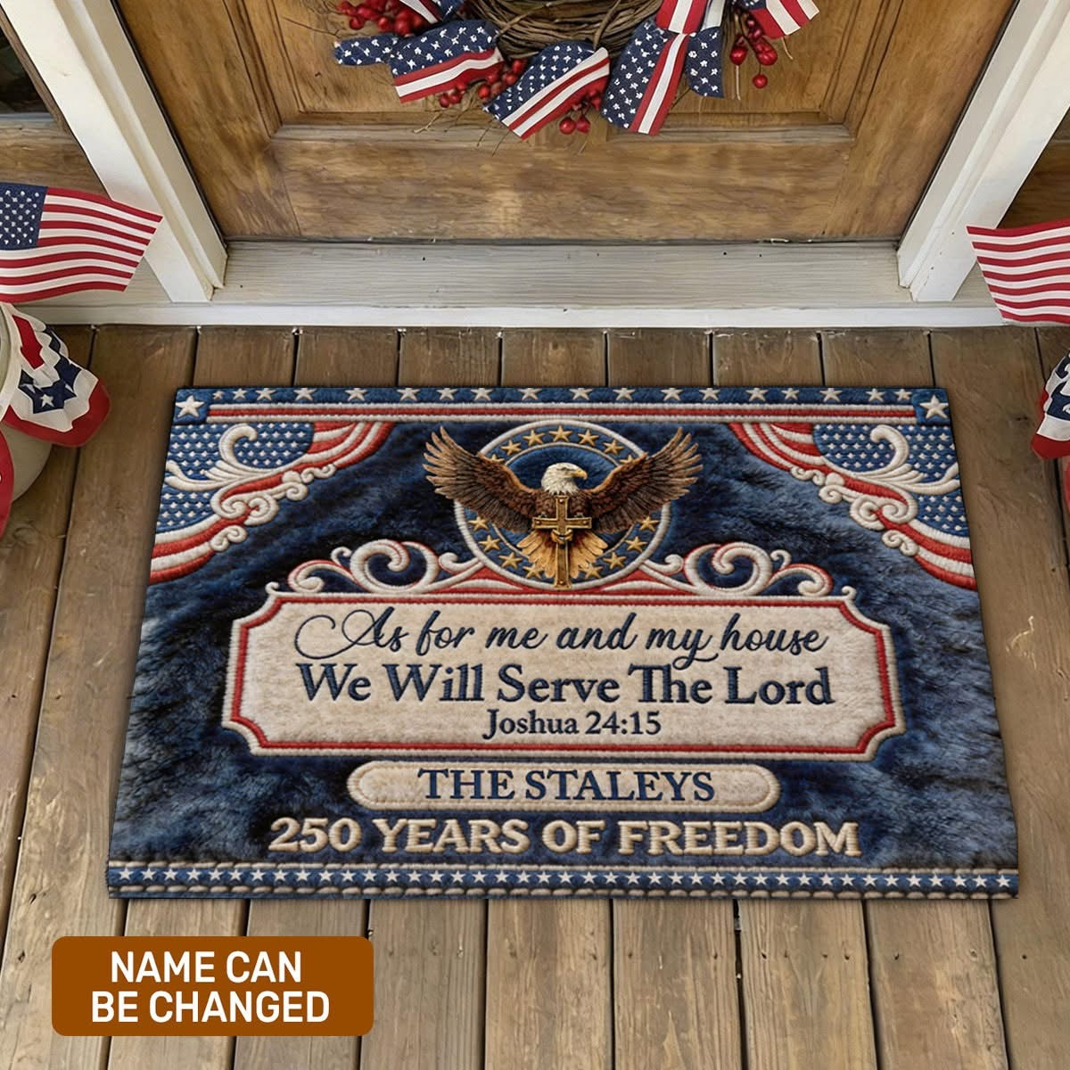Custom As For Me And My House We Will Serve The Lord Doormat USA 250 Years Of Freedom Entry Mat