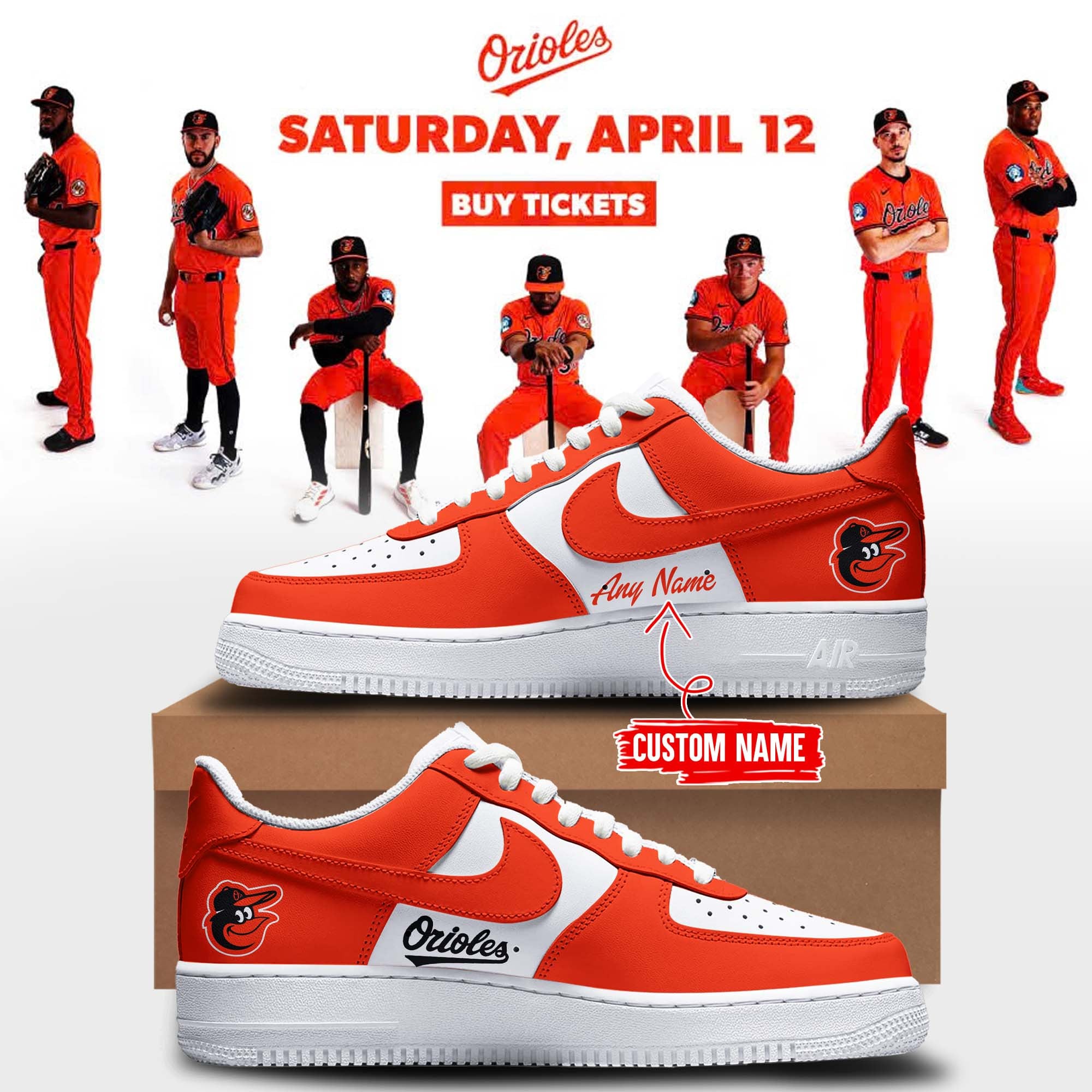 Custom Baltimore Orioles Orange On Orange AF1 Shoes Sneakers 2026 Orioles Merch Gifts For Fans