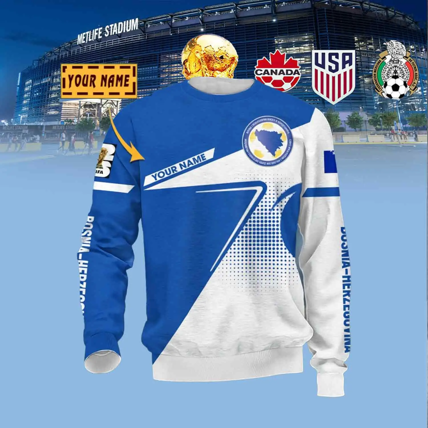 Custom Bosnia Herzegovina Football Team Sweatshirt FIFA World Cup 2026 Apparel Gift For Son