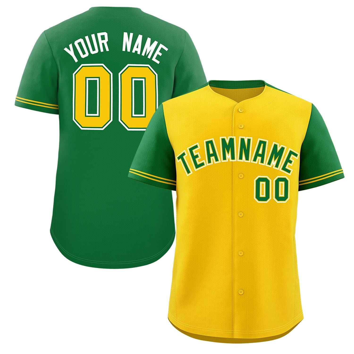 Custom Gold Kelly Green Color Block Personalized Raglan Sleeves Baseball Jersey Style 3