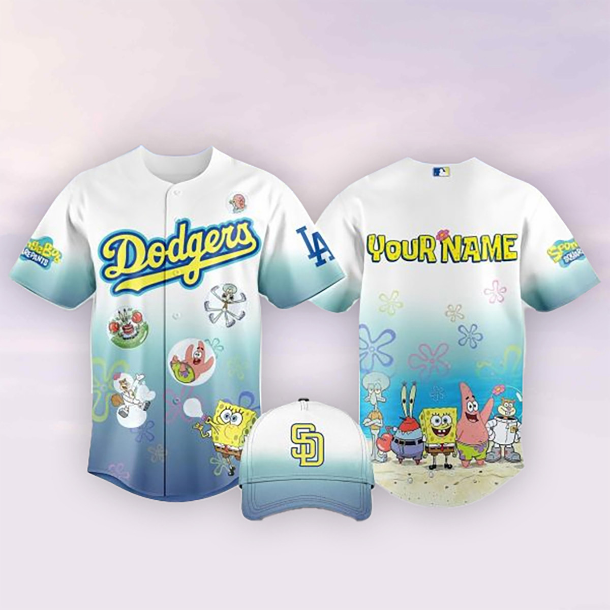 Custom Los Angeles Dodgers Jersey Shirt And Hat SpongeBob SquarePants 2026 Clothes Gift Custom Los Angeles Dodgers Jersey Shirt And Hat SpongeBob SquarePants 2026 Clothes Gift - Image 1