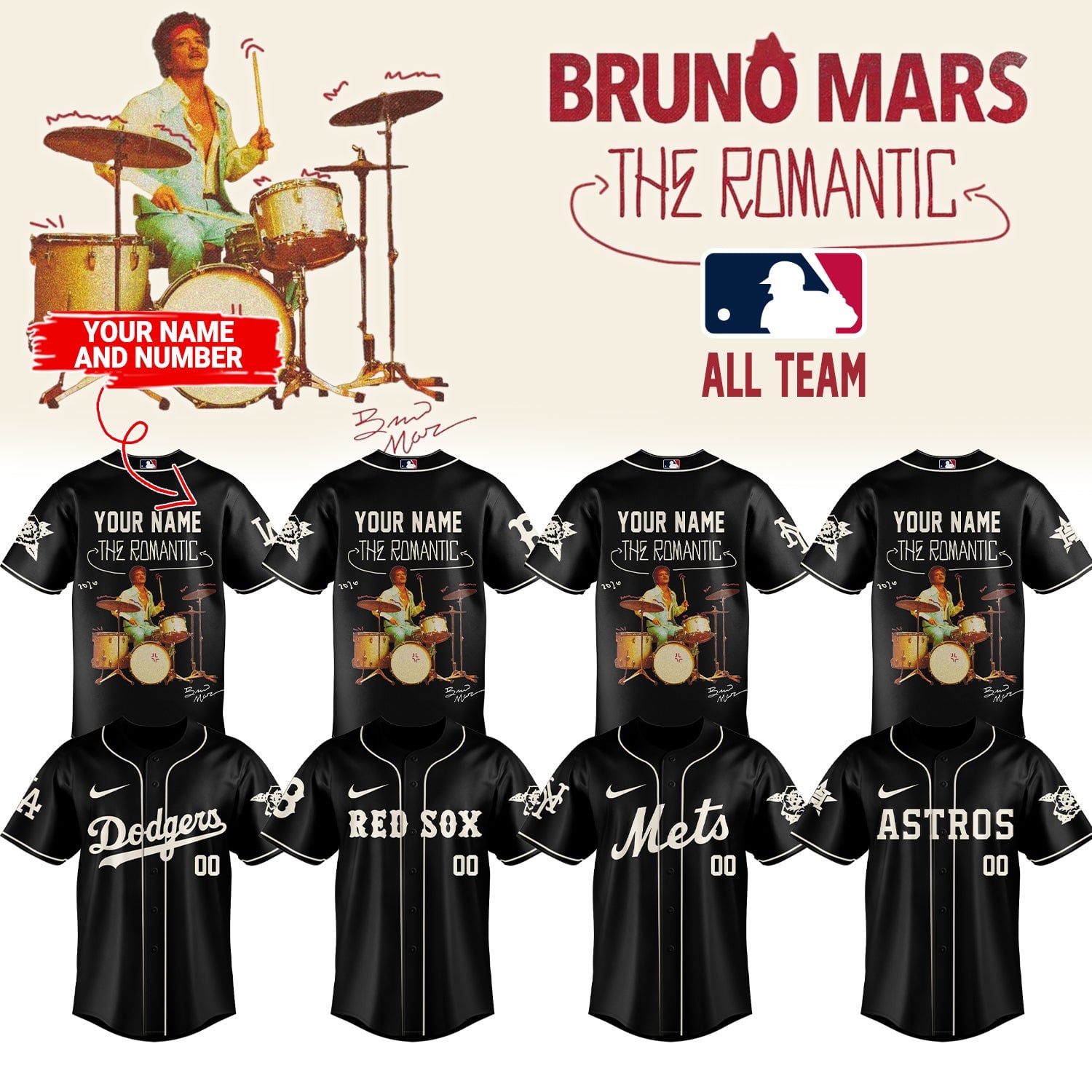 Custom MLB Team x Bruno Mars The Romantic Tour 2026 Jersey Bruno Mars Merch Fans Gifts