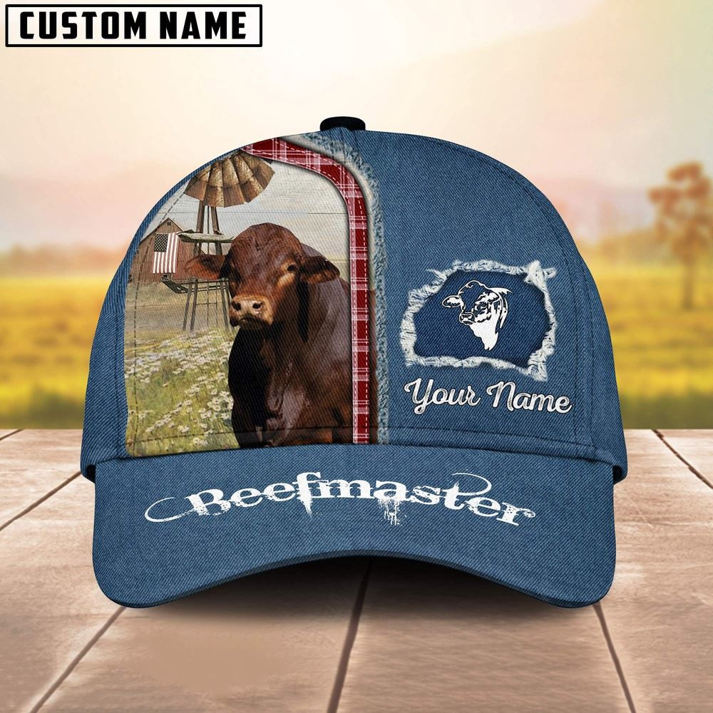 Custom Name And Cattle Breeds Beefmaster Jean Pattern Classic Cap Farmer Baseball Cap Gift For Farmer
