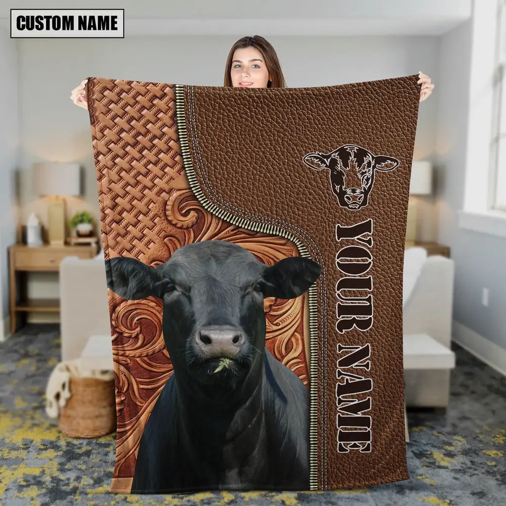 Custom Name Black Angus Leather Carving Blanket Presents For Farmers