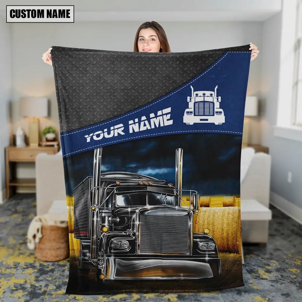 Custom Name Black Steel Pattern Trucker Blanket Farm Animal Blanket Presents For Farmers